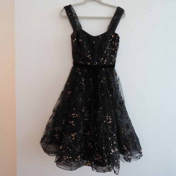 MARCHESA NOTTE Flocked Glitter Tulle Tea Length Dress Black Gold - Size 4 - Picture 3 of 15